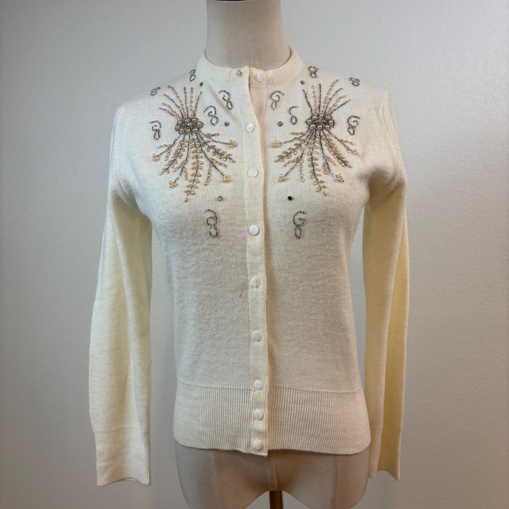 Play Knit Cardigan S Cream Vintage 50s Beaded Pearl Sweater Rockabilly Pin Up